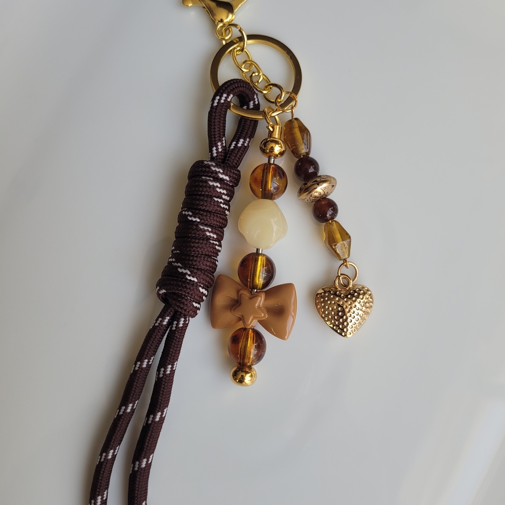 New Brown Keychain with Gold Heart and Bow Charms